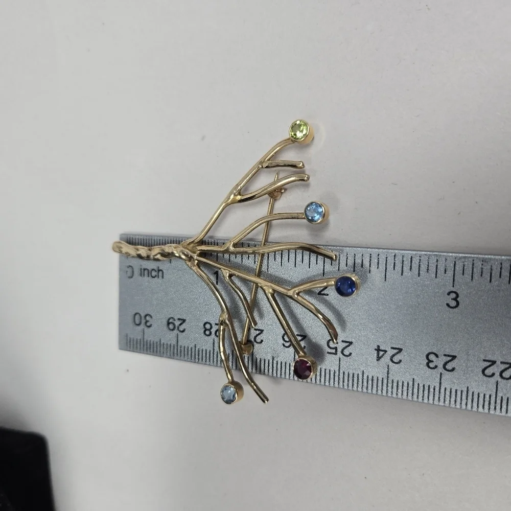 Gold Tone Tree Of Life Brooch Pin-Colored Stones Womens Twisted Trunk Branches